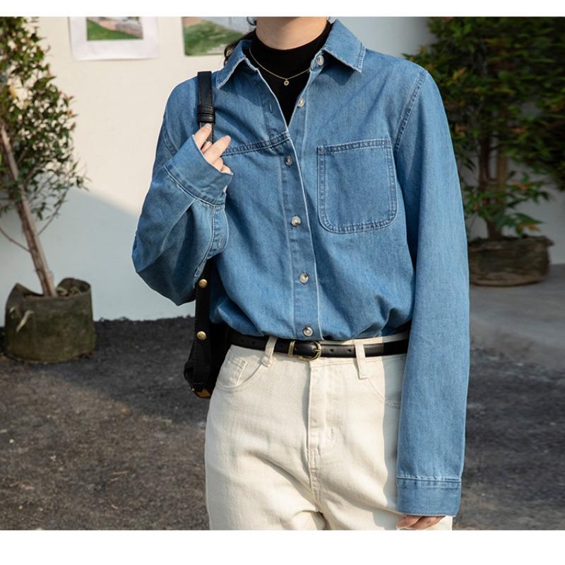 Women's Spring and Autumn Denim Shirt Design Sense Blue Jacket Loose Shoulder Layered French Shirt Long Sleeve