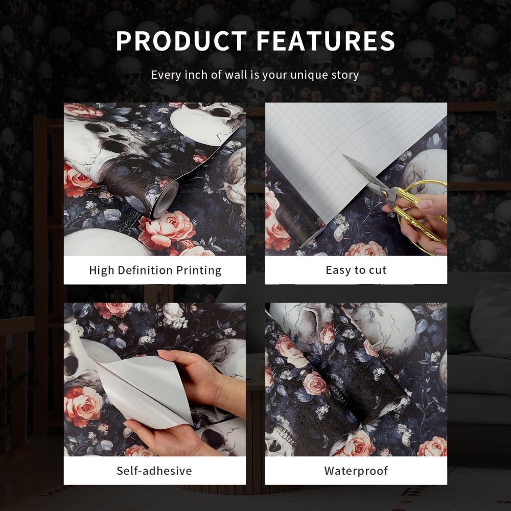 1roll Dark Style Skeleton Self-adhesive Wallpaper Waterproof Skull Floral Leaf Wallpaper Removable Wall Stickers for Living Room Furniture Restoration