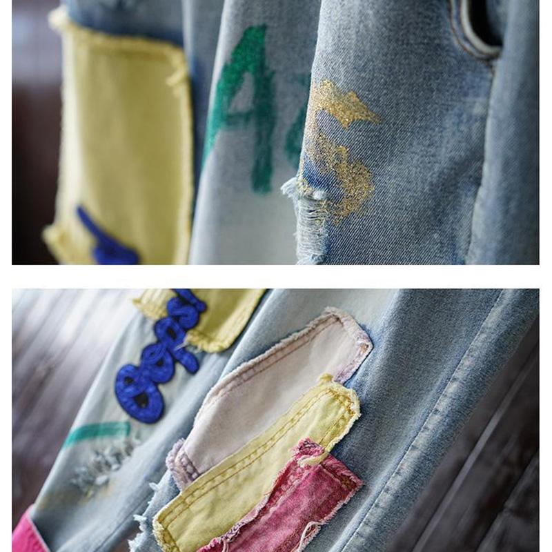 WTEMPO Jeans da donna ricamati a vita elastica con strappi e colore a contrasto, larghi taglie forti, jeans sottili cropped