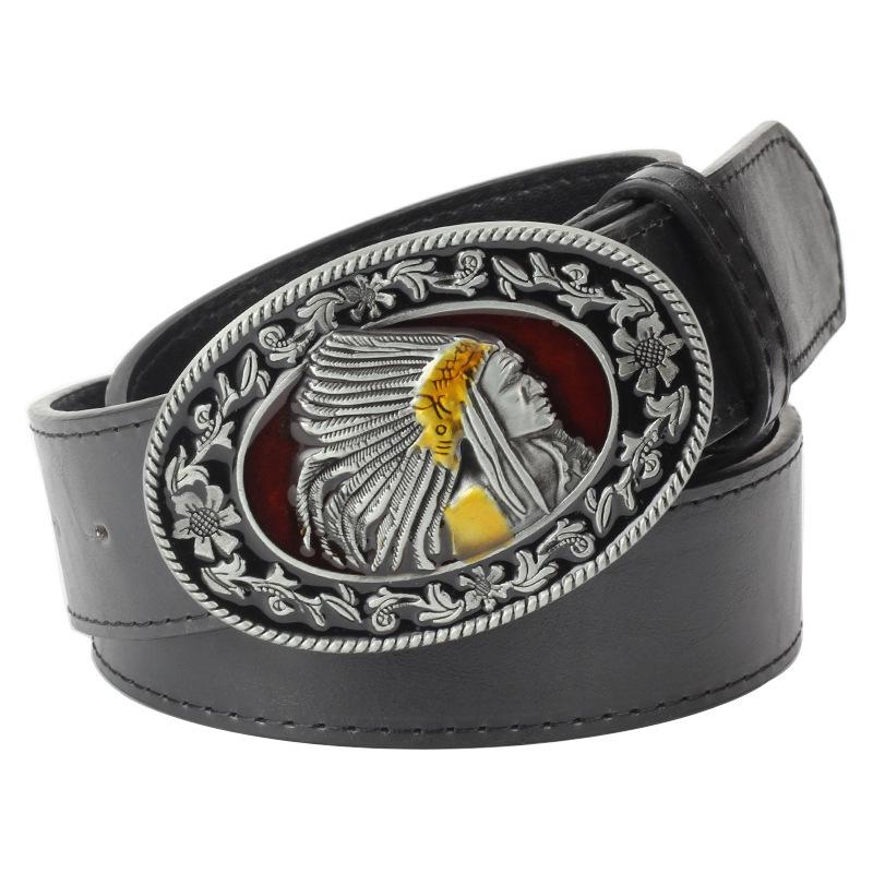 Native American Indian Man Tribe Myth Metal Buckle Leather Belt Man Women Jeans Waistband Daily Wear Street Casual Trouser