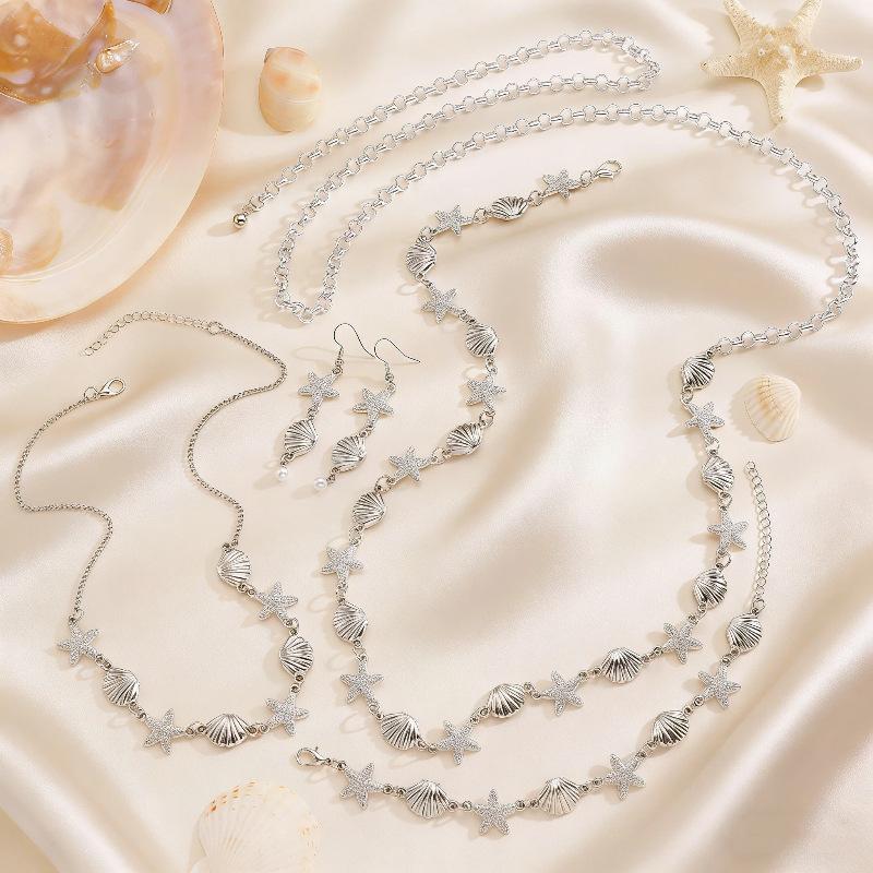 Gold Plated Starfish & Shell Jewelry Set, Ocean Themed Necklace, Earrings & Bracelet for Women
