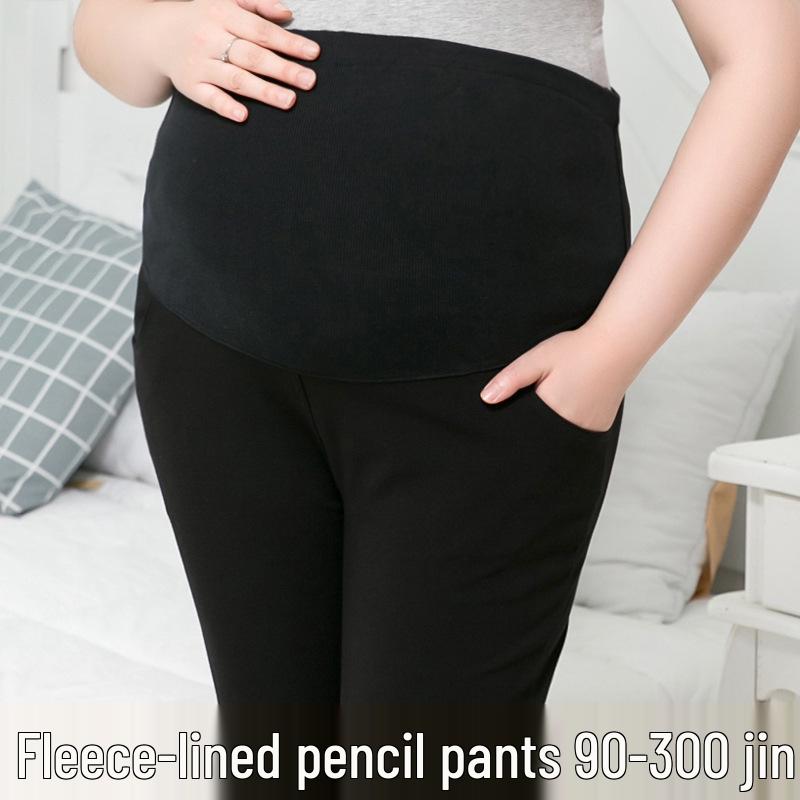 Plus Size Fleece-Lined Maternity Pants with Belly Support for Autumn and Winter