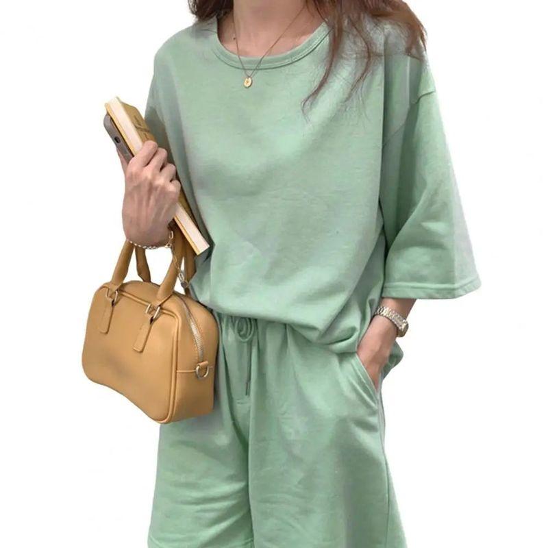 

round Neck Short Sleeve Loose Shorts Suit green L