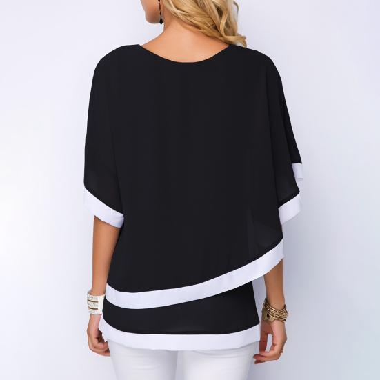 Dámská letní halenka s netopýřími rukávy a temperamentem, s kulatým výstřihem, nepravidelná dvouvrstvá patchworková šifonová košile