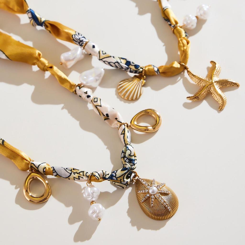 Qiong Yao Multi-Pendant Pearl Silk Scarf Necklace with Stainless Steel Clavicle Chain