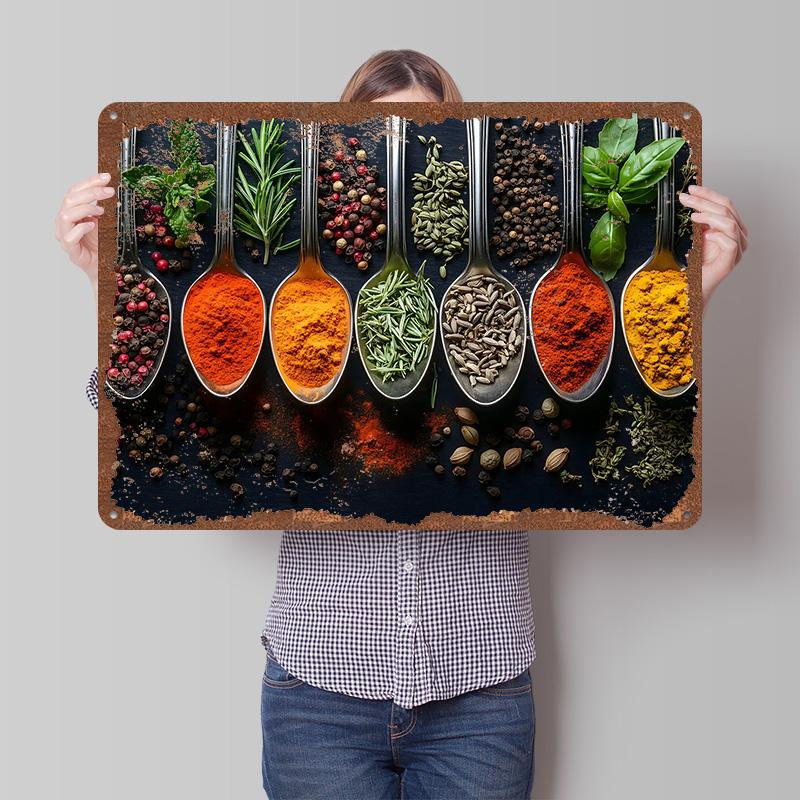 Assorted Spices In Spoons On Black Metal Poster Customized Wall Art Retro Vintage Tinplate Signs for Man Cave Home Decor Items