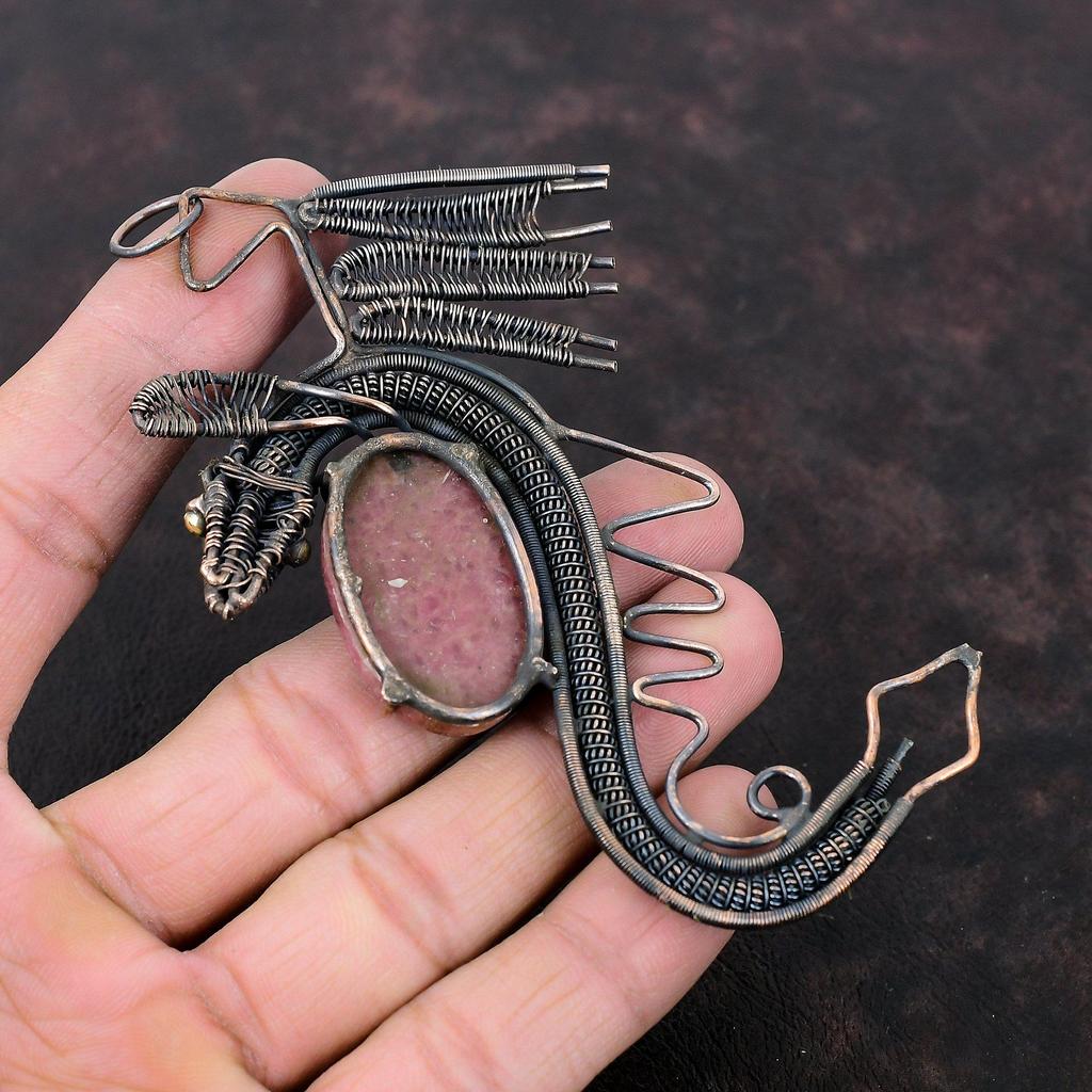 Rhodonite Pendant Copper Wire Wrapped Pendant Original Gemstone Jewelry Handmade Dragon Pendant Copper Wire Wrapped Jewelry Gift For Mother