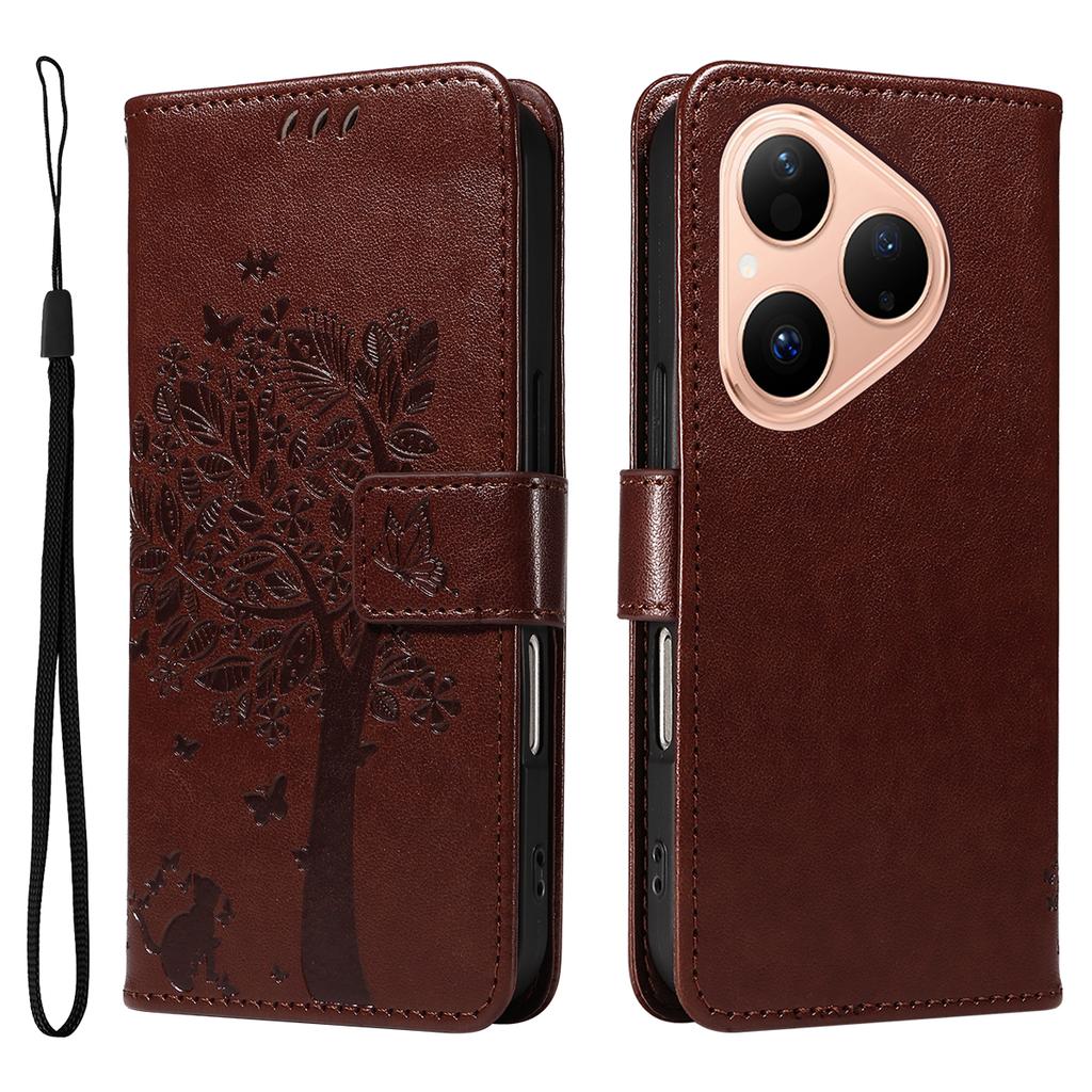 För Huawei Pura 80 Telefonfodral med Ställ Kattträdsmönster Läder Plånbok Mobilskydd