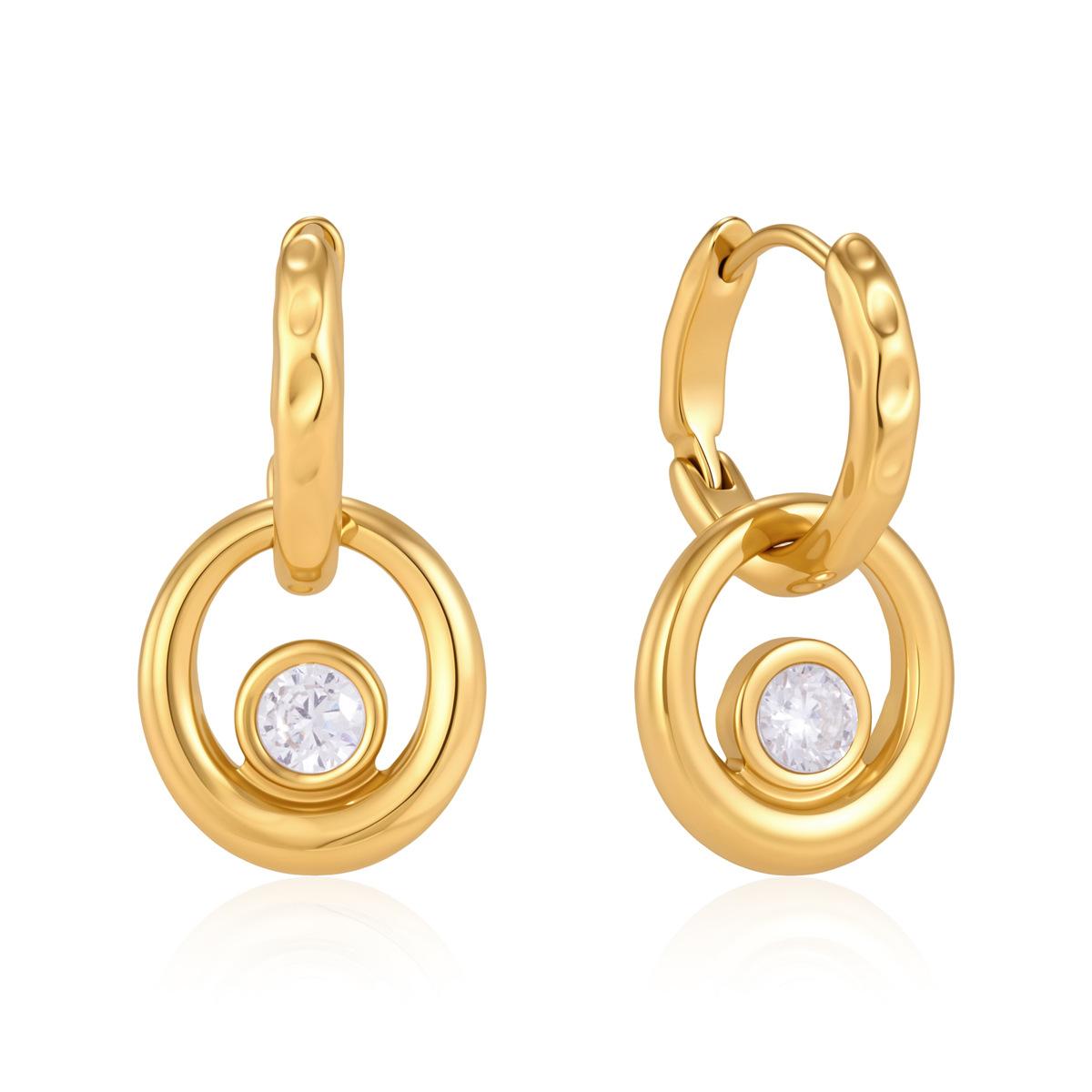 Stainless Steel Hammered Hoop CZ Drop Earrings 18K Gold Plated Double Circle CZ Huggie Earrings for Women Fashion Jewelry earring золотой