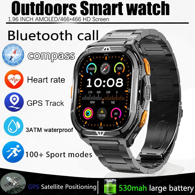 New Sport Smart Watch Men GPS Track 5ATM Waterproof Compass Heart Rate 530mAh Battery 1.96"AMOLED Screen BT Call Smartwatch