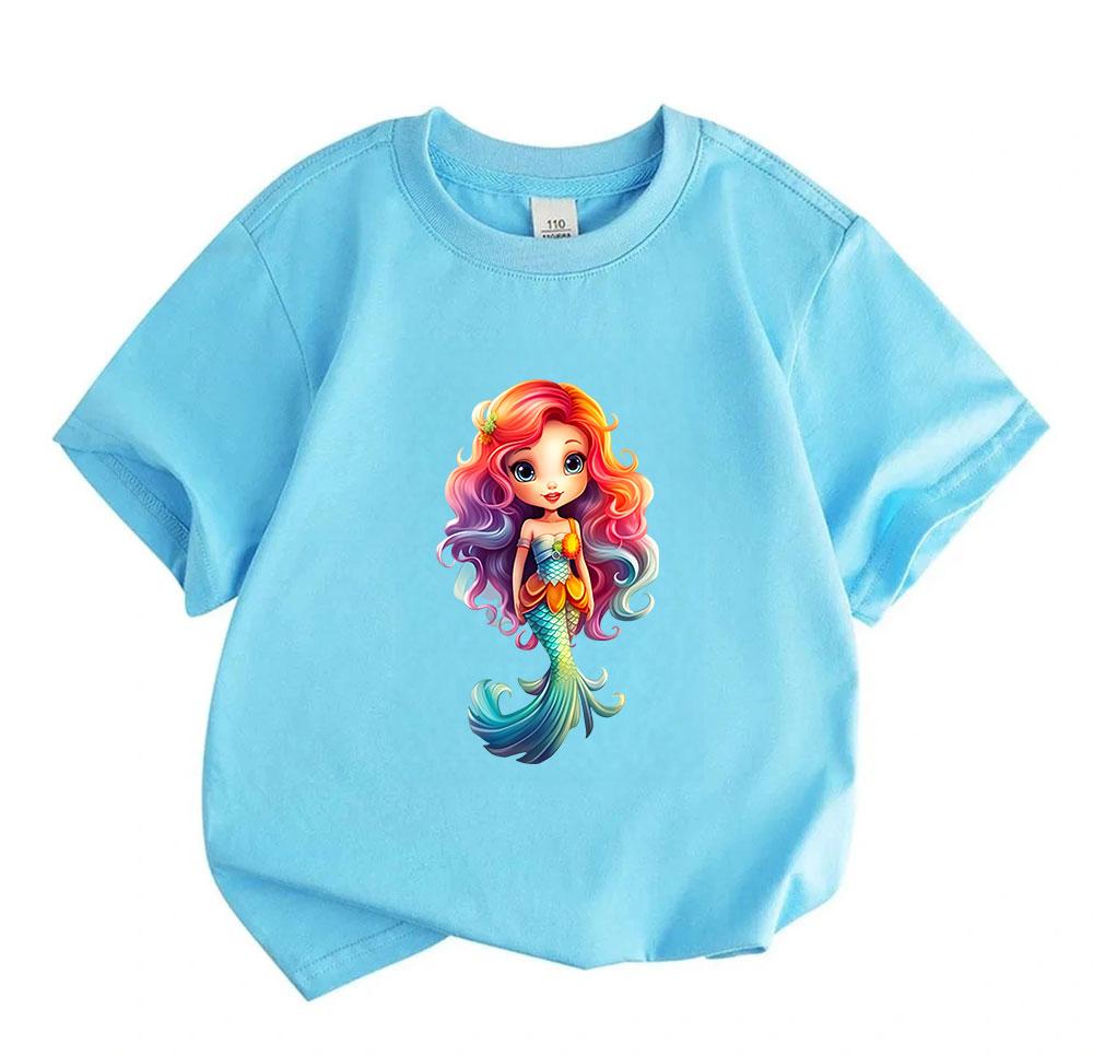 Kids Boys Girls Crew Neck Short Sleeve 100% Cotton T-Shirt Cute Rainbow Hair Mermaid Printed Casual Soft Tees for Summer Daily Wear Birthday Gift for