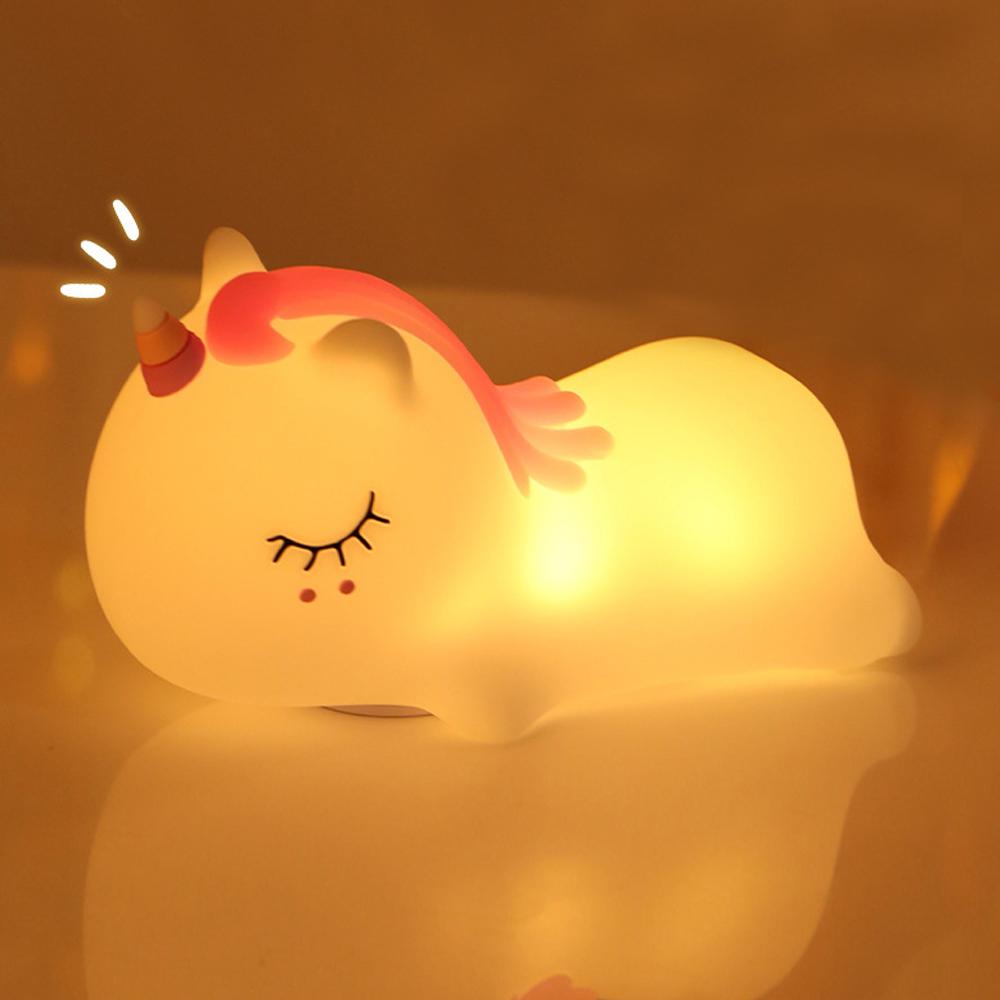 Cute Unicorn Silicone Night Light USB Rechargeable Cartoon Sleeping Lamp Touch Sensor Beside Lamp for Kids Gifts