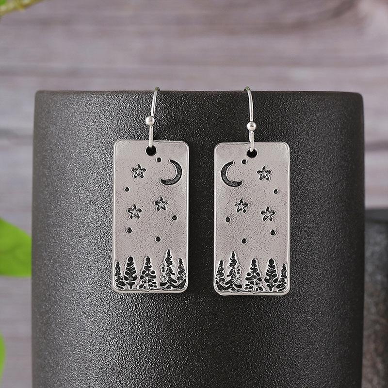 Versatile Retro Geometric Moon Stars Forest Earrings Simple Square Ancient Earrings for Women 1CM*3CM