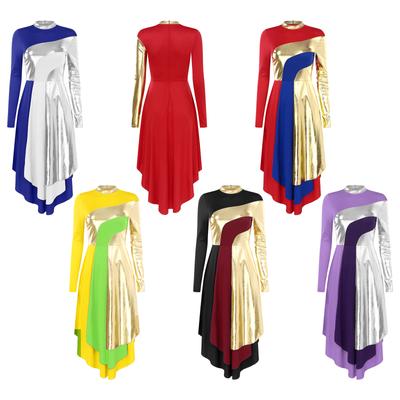 Robe de danse liturgique pour femmes, bloc de couleurs, Costume de culte d'église, vêtements de danse lyrique à ourlet irrégulier