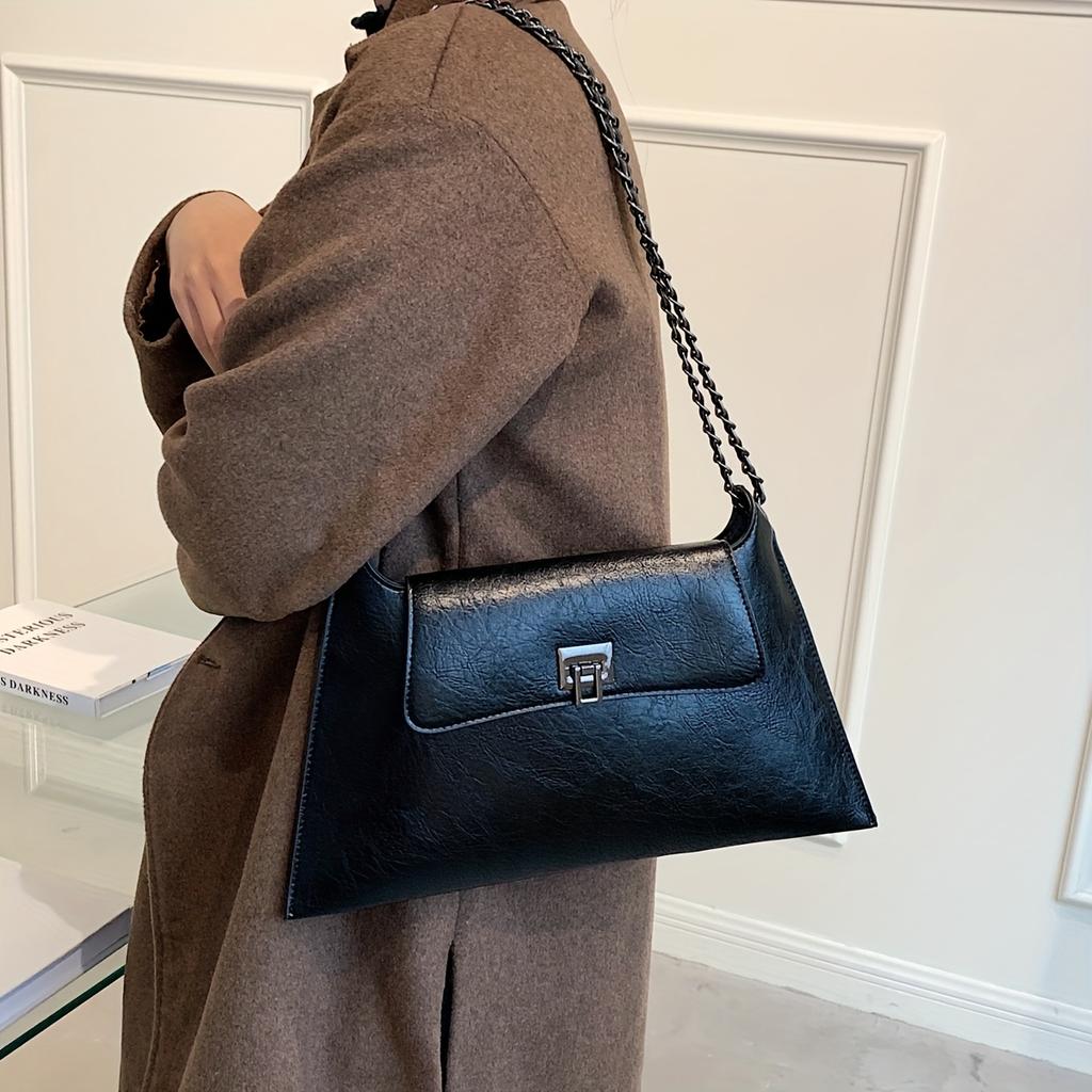 Vintage Metal Chain Underarm Bag, PU Leather Textured Bag Purse, Fashion Versatile Baguette Bag