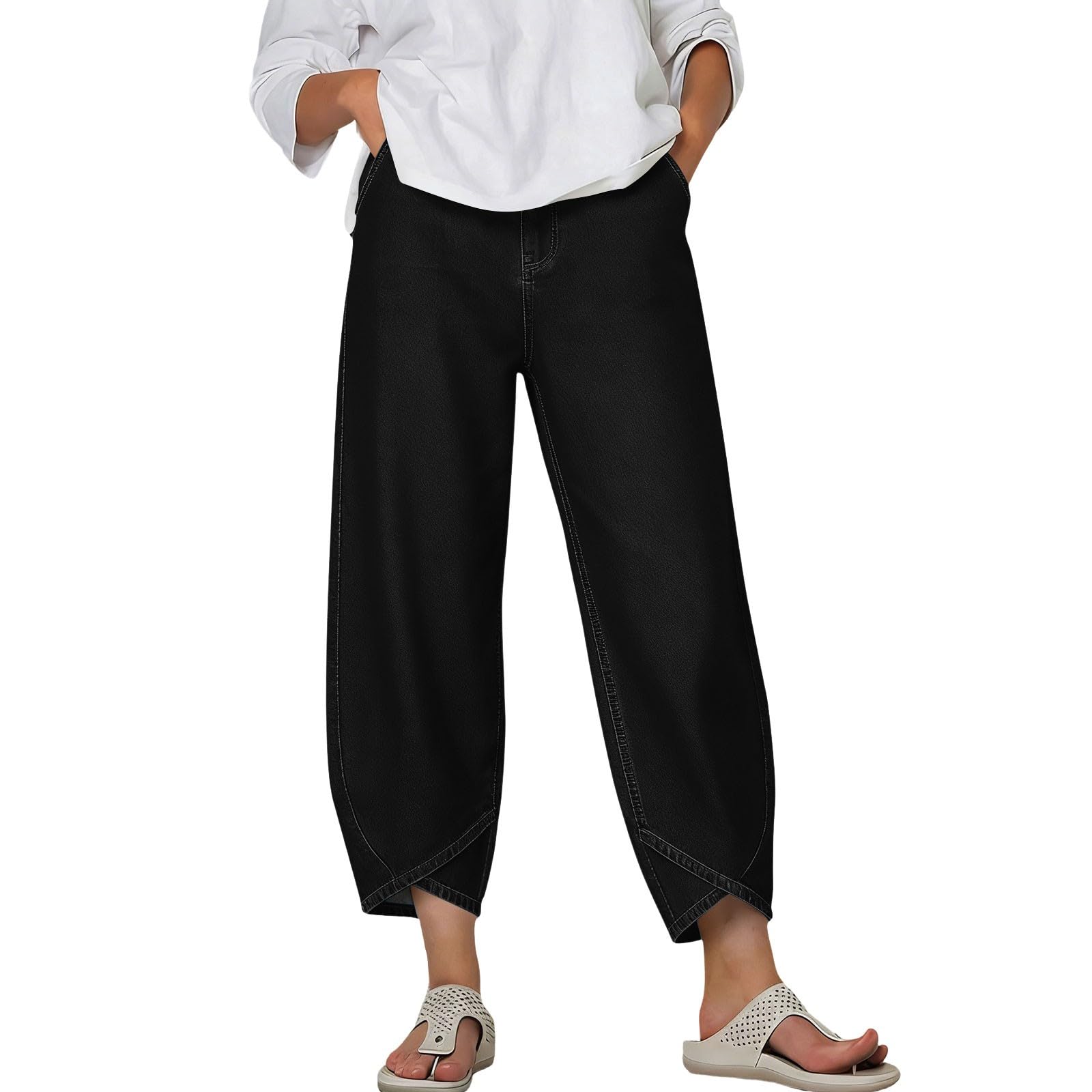 

Women’s Loose Fit Wide Leg Cropped Pants with Hem Design Suitable for Casual Daily Wear and Comfortable Fit S чёрный