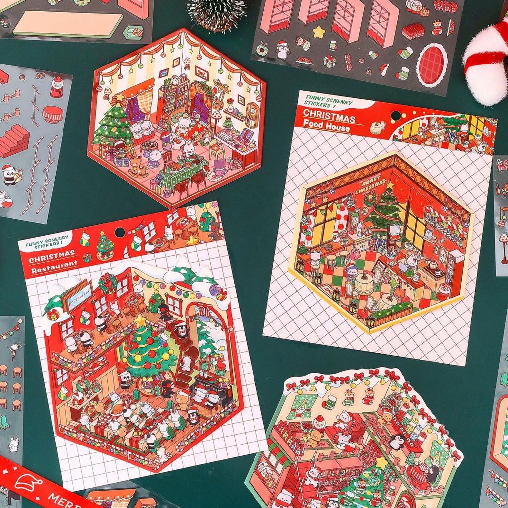 3D Christmas Party Landscape Sticker Gourmet House Miniature Scene Decoration Stickers DIY Decor Mini Landscape Sticker Kids Gif