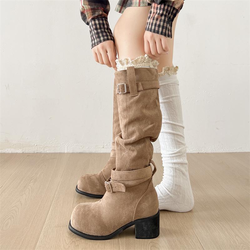 Retro British style but knee thick heel boots women's 2025 new summer versatile height-increasing and thin knight boots
