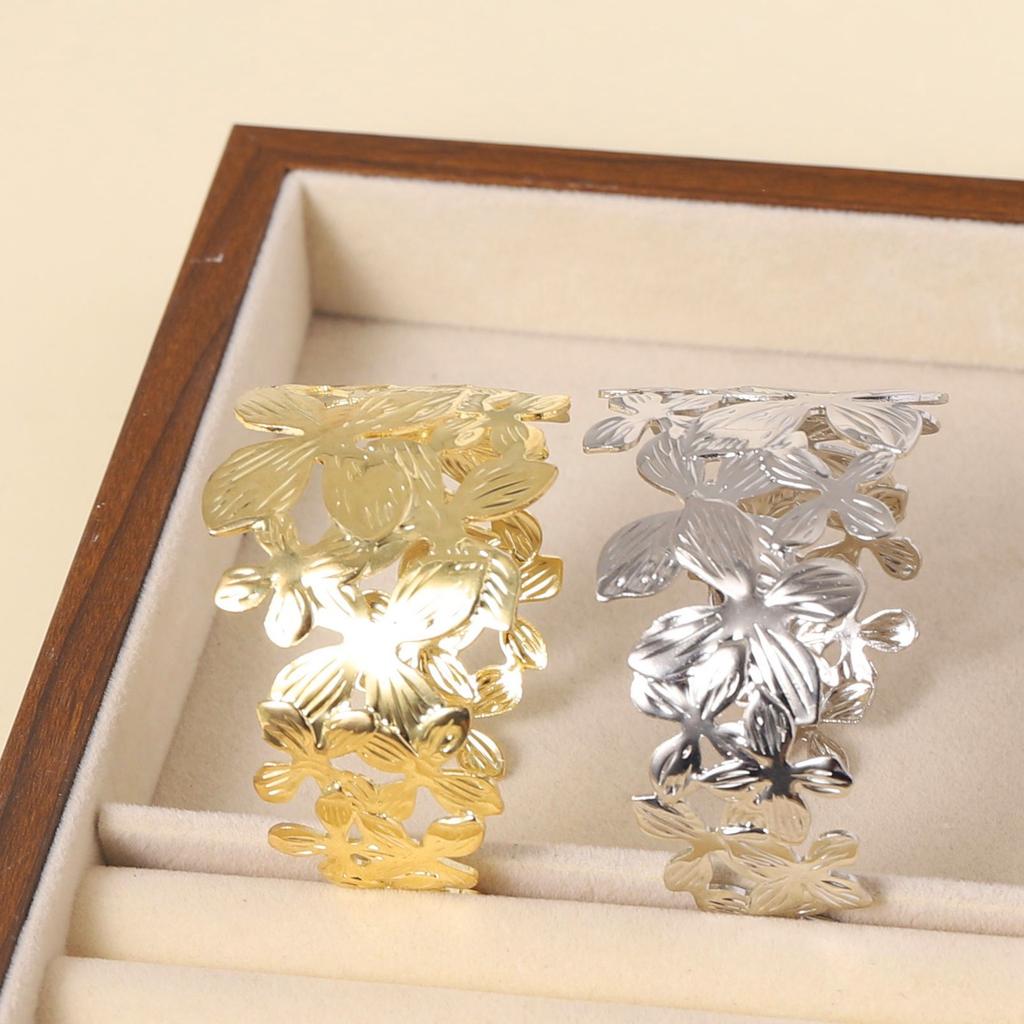 Vintage Artistic Gold Color Open Adjustable Hollowed-out Overlapping Flower Wide-faced Bangle for Women Girl Designer Jewelry