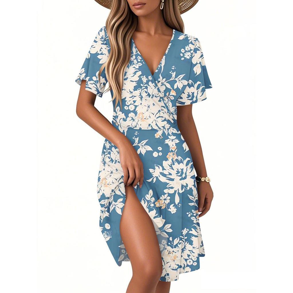 Women's Casual Fashion Dress Vintage Floral Floral Short Sleeve V-neck Dress