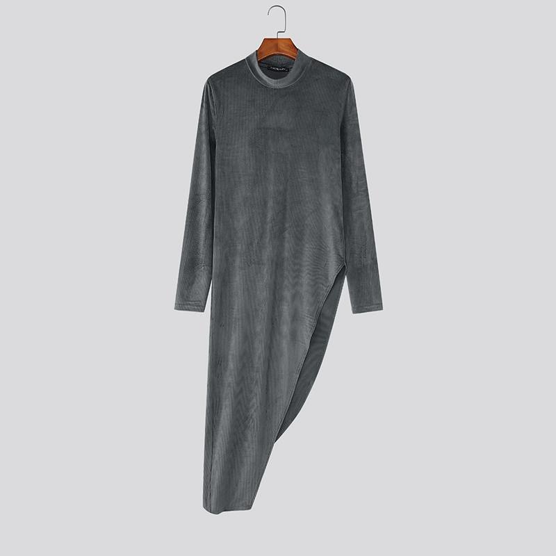 INCERUN Autumn Men Turtleneck Long Sleeve Texture Rib Irregular Tunic Tops Pullovers