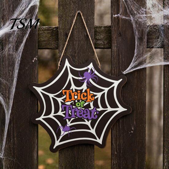 Halloween Theme Party Props Wooden Door Hanger Sign, Spider Web Hanging Trick Retro Style Holiday Wall Plaque or Treat Plaque, Rustic Farmhouse