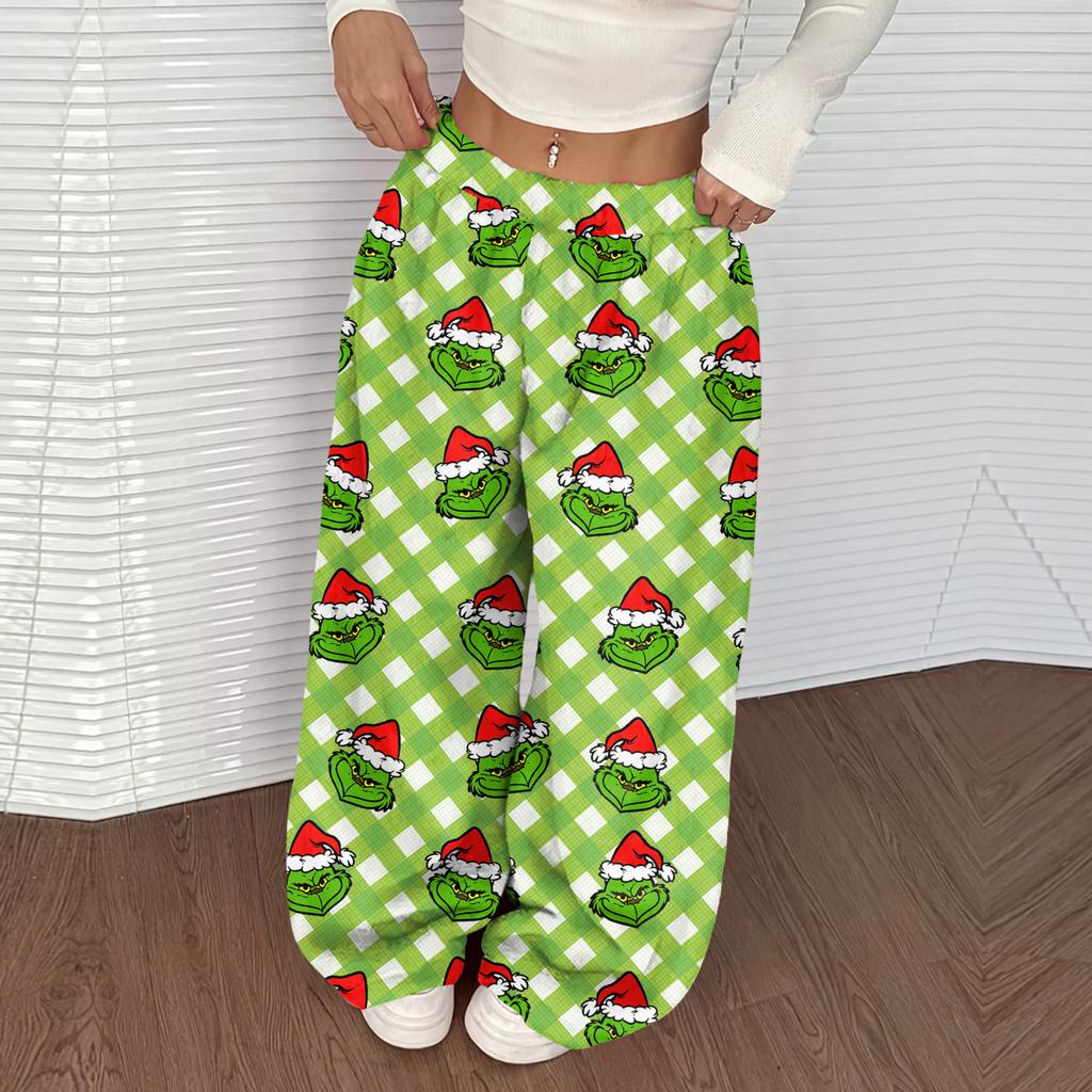 Damen Casual Weihnachten Print Elastischer Bund Lockerer Schnitt Mit Plüsch Weites Bein Hose