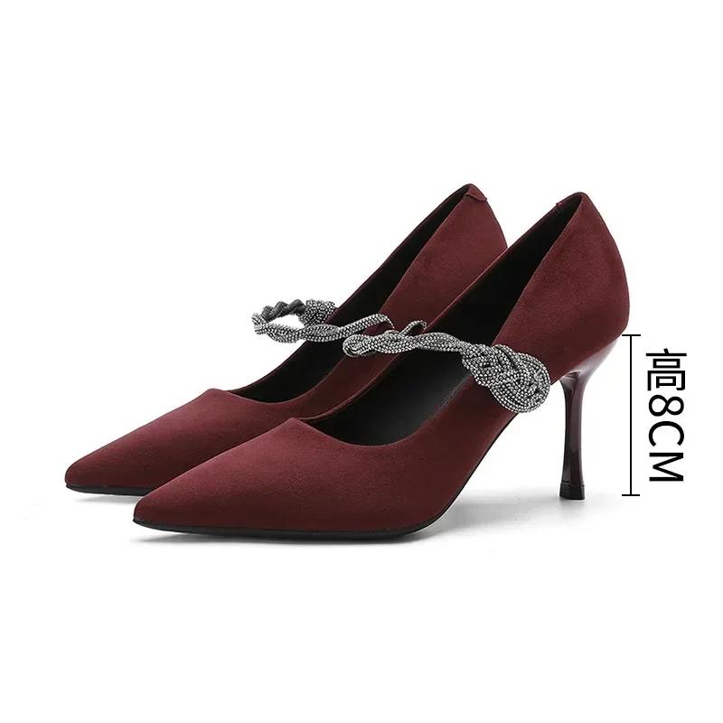

Fashion High Quality Sexy Pointed Toe Suede Design Women Pumps Luxury Rhinestone Straps Thin Heels Elegant Party Dress Shoes for Women 40 вино красного