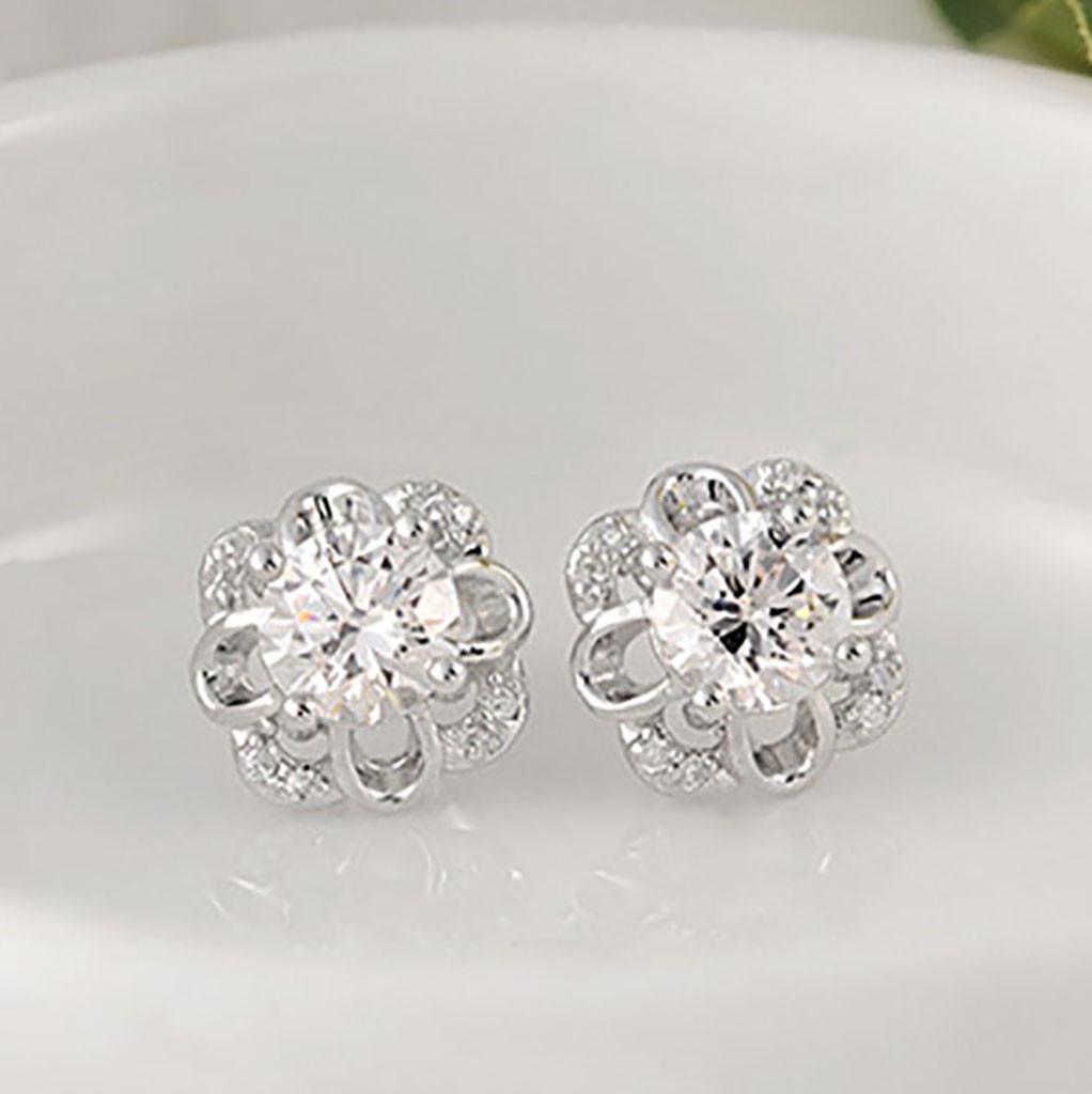 Womens Korean Fashion Elegant 925 Silver Plated Vintage Mini Simple Anti-allergy Zircon Crystal Hollow Out Flower Ear Studs Earrings Jewelry Love Gift