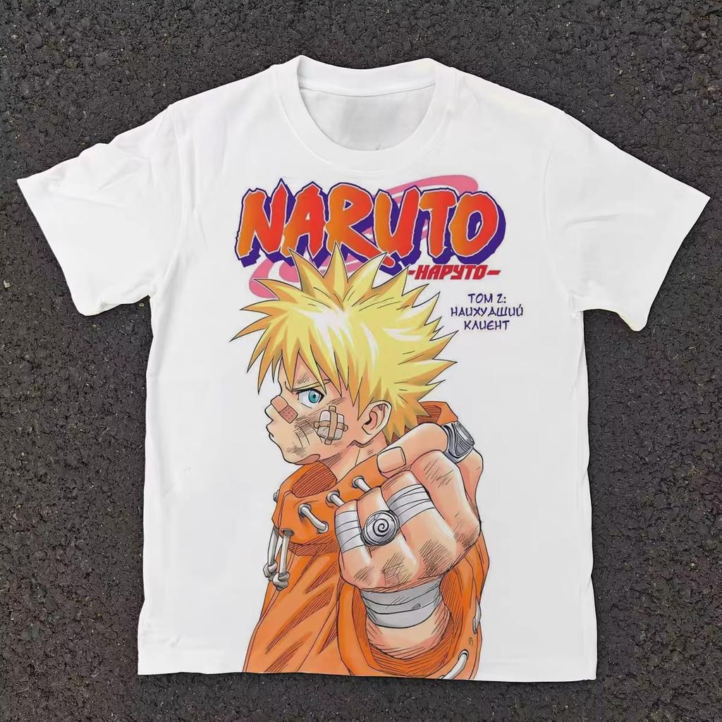 New Naruto Unisexga Retro Cover Naruto Print Pure Cotton Short Sleeved Loose Top with Fashionable Pattern for Unisex and Women