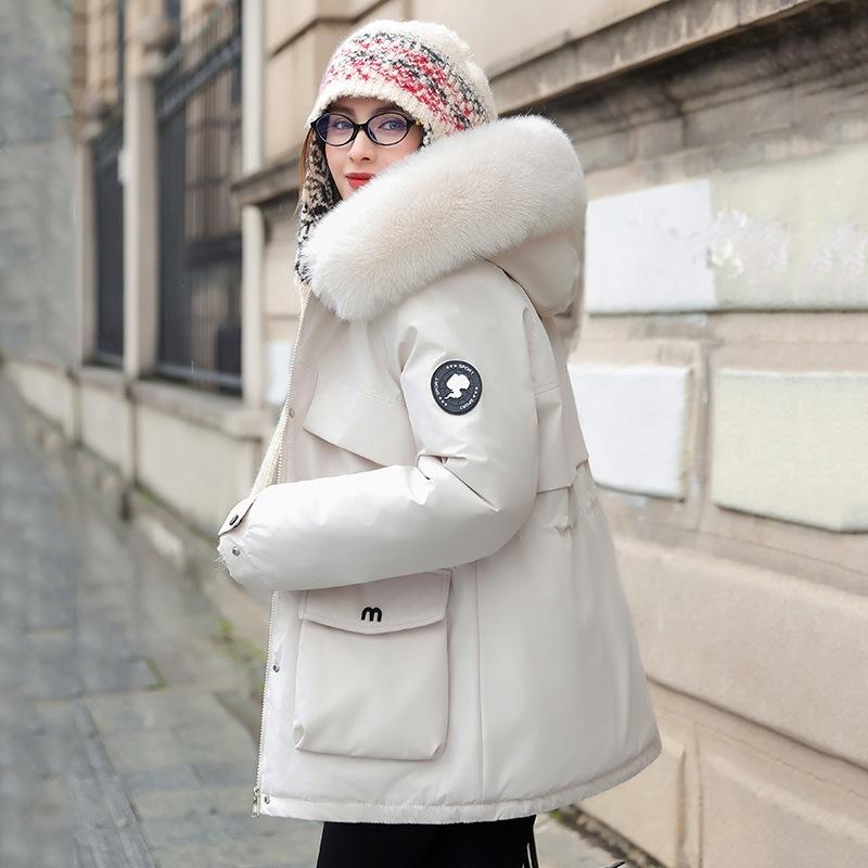 Women Short Medium Length Down Jacket Winter Warm Stand Collar Solid Color Casual Outerwear Coat