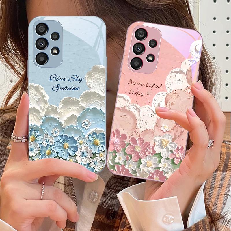 Oil Painting Flower Blue For Samsung Galaxy S10 4G S20 11E 30 S21 21Fe 22 S24 Pro S23 Ultra 5G S8 S9 Tempered Glass Phone Case