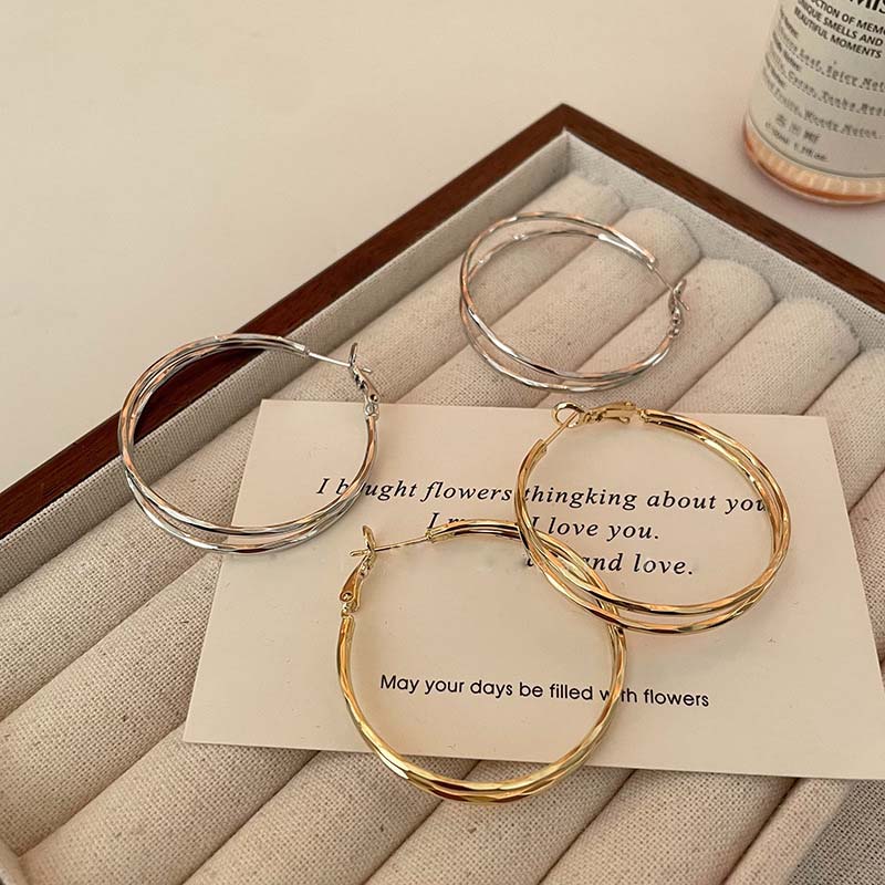 New Trendy Silver Color Double Layer Circle Hoop Earrings For Women Exaggerated Metal Layer Round Earrings Jewelry Gift