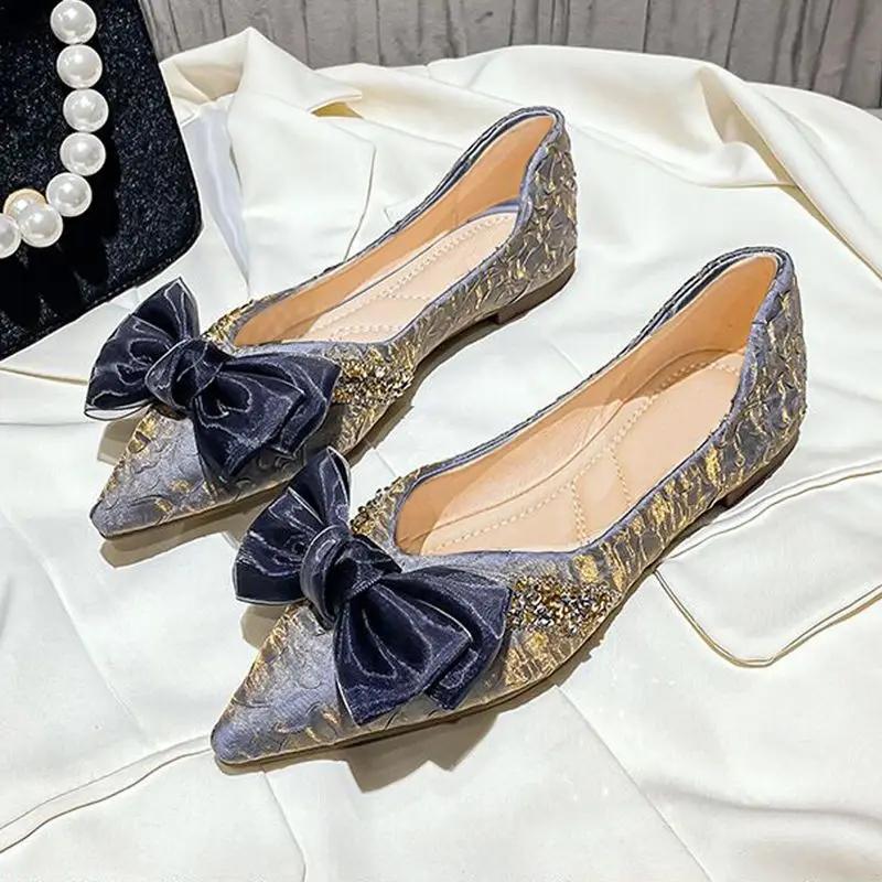 

With Bow Pointed Toe Woman Flats Popular Cheap Liquidation Discount Vacation High Quality Fashion Slip on Black Shoes for Women 35