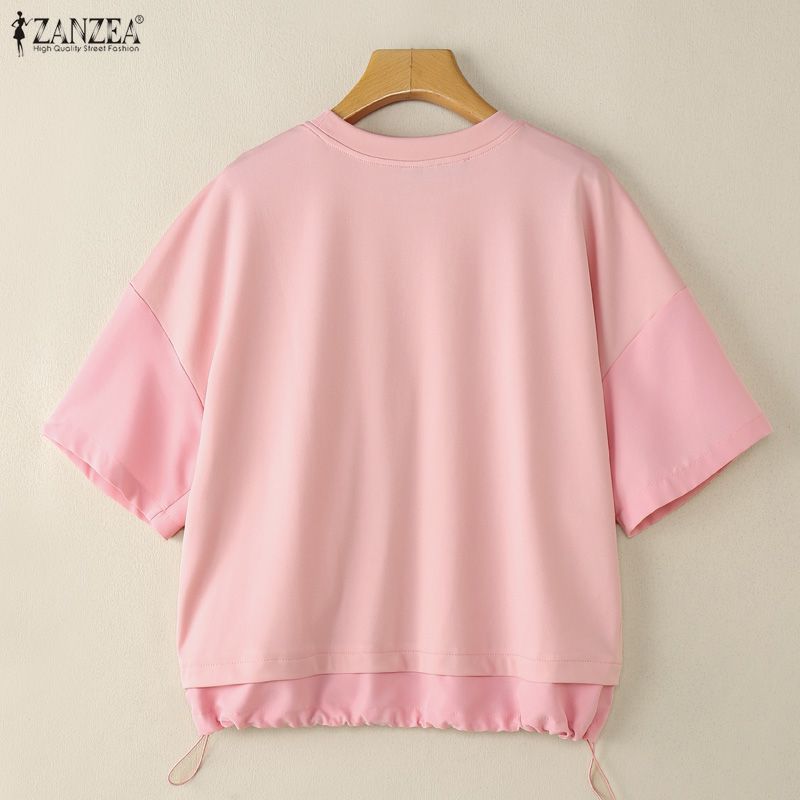 ZANZEA Women Casual Round Neck Summer Short Sleeve Blouse