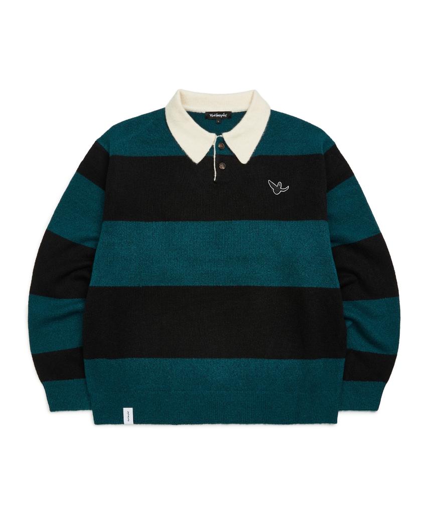 MARK GONZALES Angel Wappen Striped Polo Knit - D/Green
