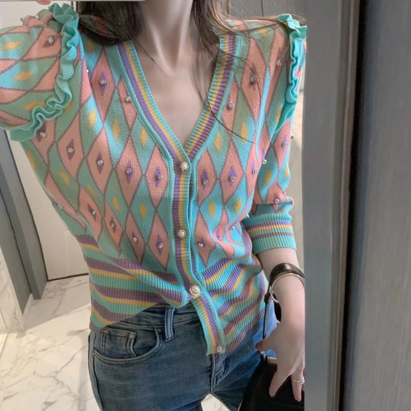 Spring Autumn Women V-neck Casual Beading Plaid Single Breasted Knitted Sweater Cardigan Top