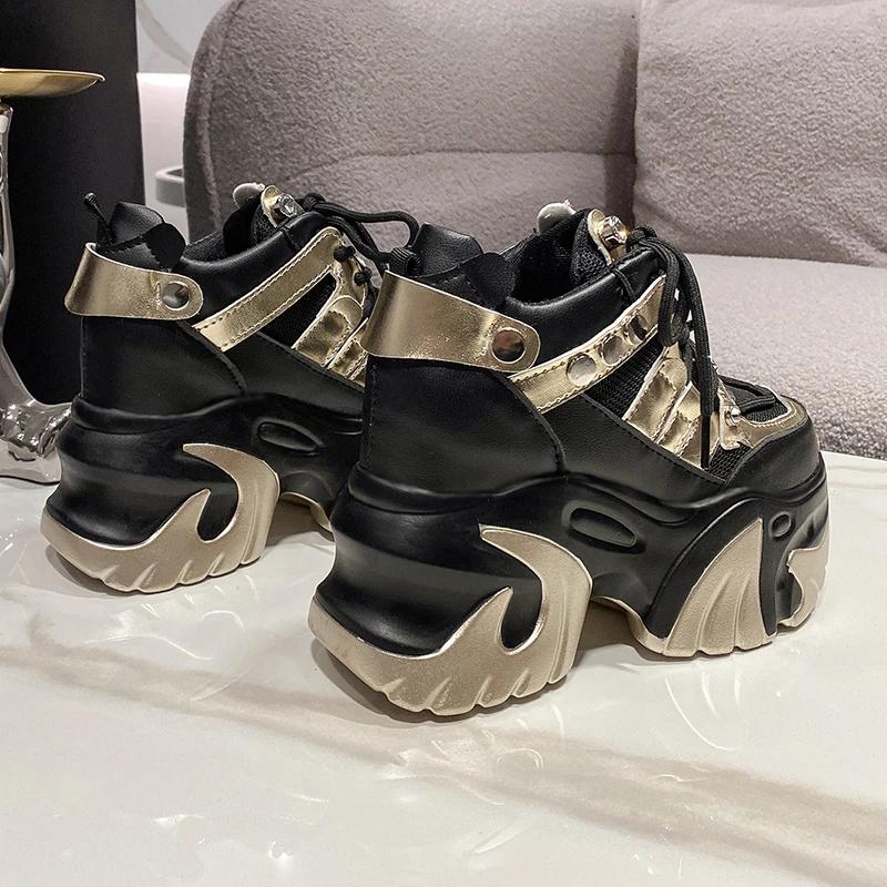 Fashion 10CM New 2024 Spring Women Chunky Sneakers Heels Lace-up High Platform Sports Shoes Woman Breathable Mesh Shoes Leather Sneakers