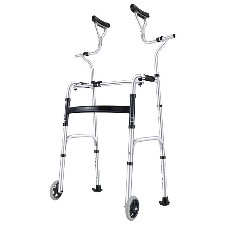 Aluminum Alloy Folding Walker with Wheels, Underarm Crutches, and Seat Cushion for Elderly Rehabilitation.