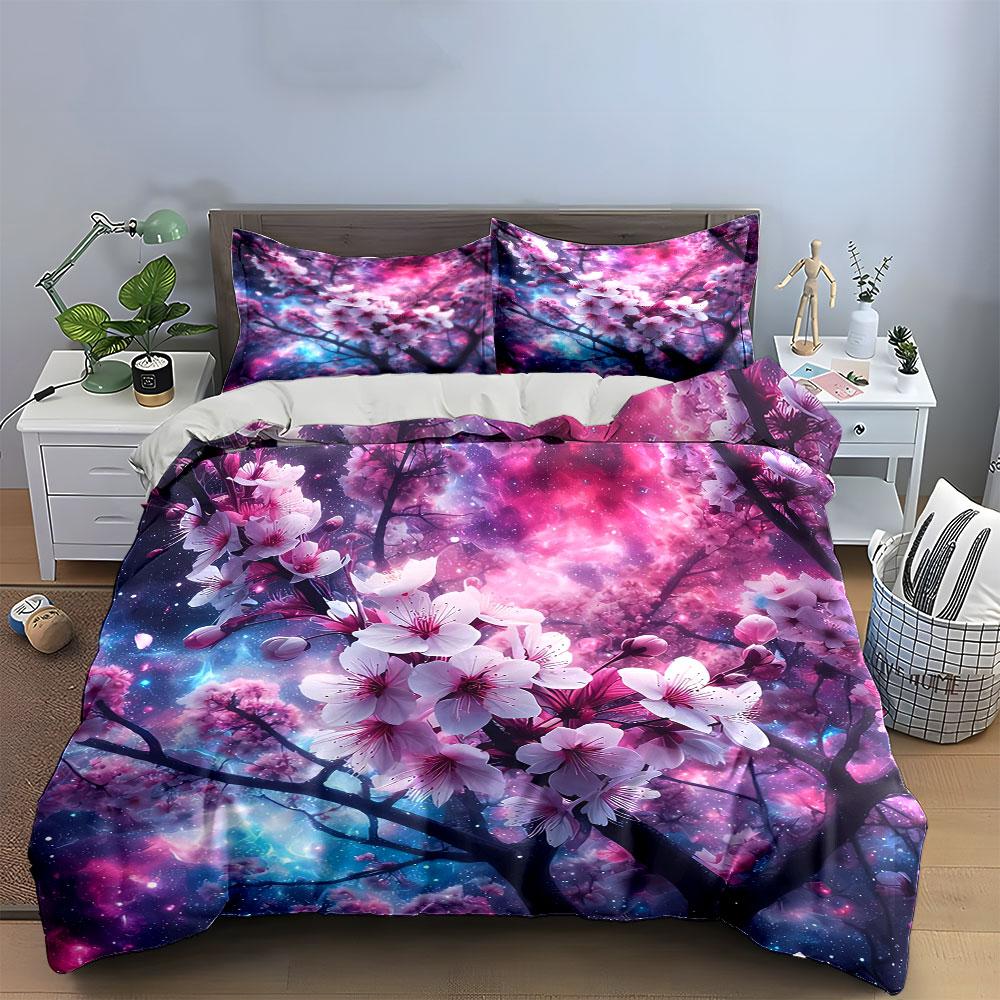 "Cherry Blossom Galaxy Art Set" Bedding Set with 1 Duvet Cover 2 Pillowcases Single Double King Queen, Gift