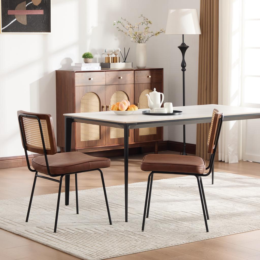 Modern Dining Chair, Set of 2, PU Leather Upholstery In Vintage Style, Without Armrests, Solid Wood Frame, Rattan Look, Adjustable Metal Feet-Brown