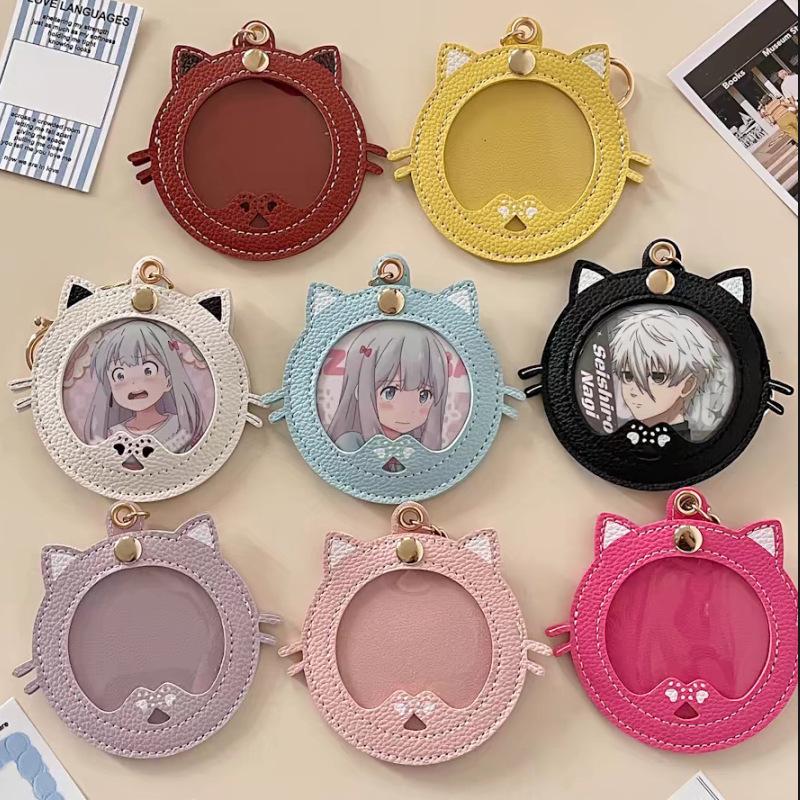 Kreative Katzen-Anstecknadel-Tasche mit 58mm Anime-Stern-Display - Cartoon-Design Lederetui