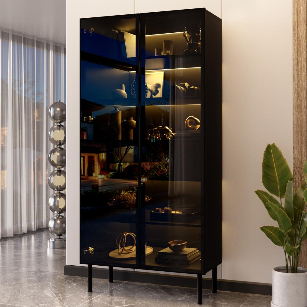 Vitrine mit Glastüren, LED-Beleuchtung App-gesteuert, 2 Schubladen, Innenböden, Aufbewahrungsschrank mit Glasfront