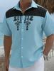 Men's Light Blue Ethnic Geometric Print Short Sleeve Shirt, Spring Summer Fresh Vacation Casual Top, Pocket Lapel Style