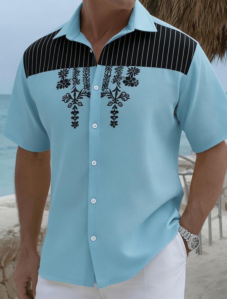 Men's Light Blue Ethnic Geometric Print Short Sleeve Shirt, Spring Summer Fresh Vacation Casual Top, Pocket Lapel Style