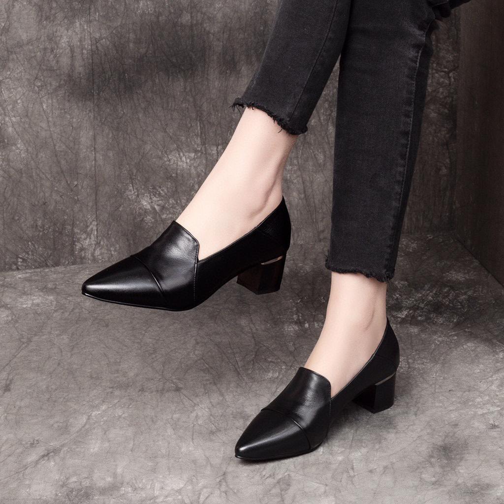 High heels women's spring new comfortable cowhide pointed thick heel medium heel work shoes one shoe two wear low-top shoes