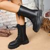 Fashion British Style Black Mid Calf Boots for Women Pu Leather Thick Heels Motorcycle Botas Mujer Autumn Winter Lace Up Boots Woman