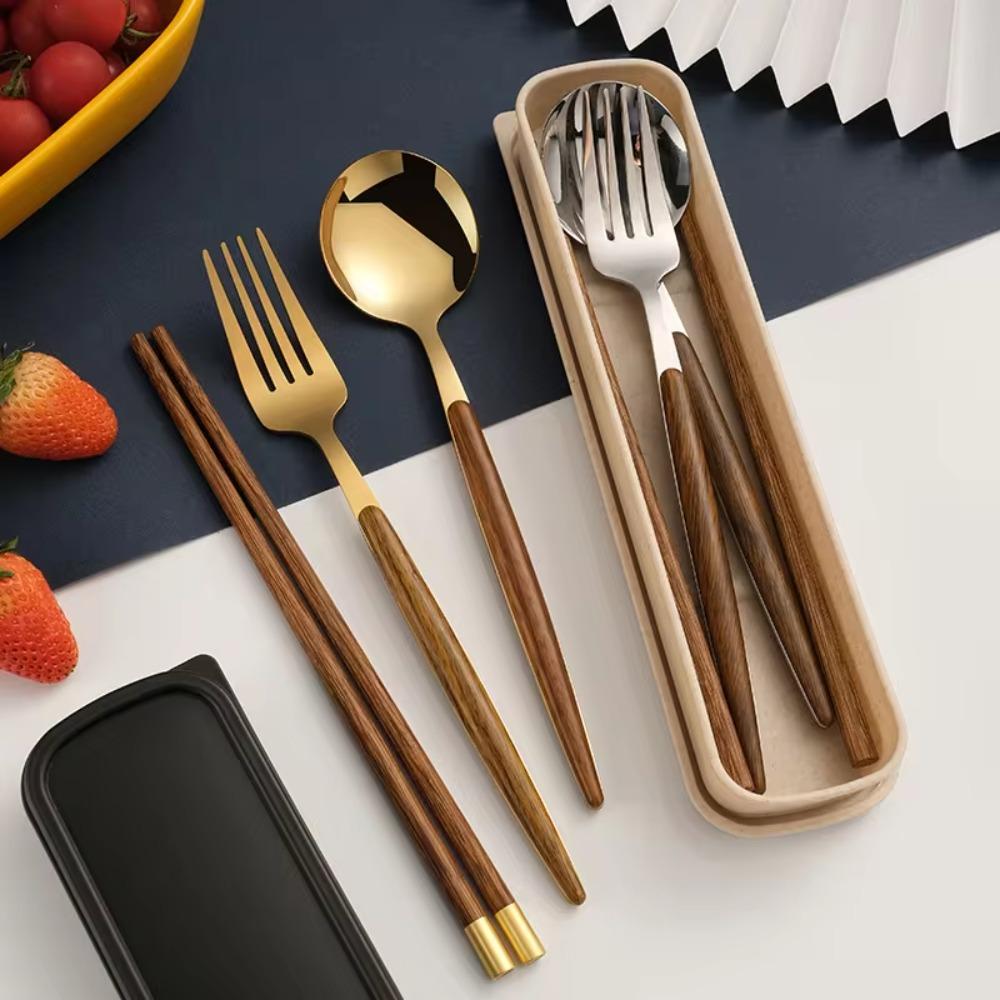 4PCS/Set Wooden Handle Portable Tableware Set with Box Fork Spoon and Chopsticks Set  Travel