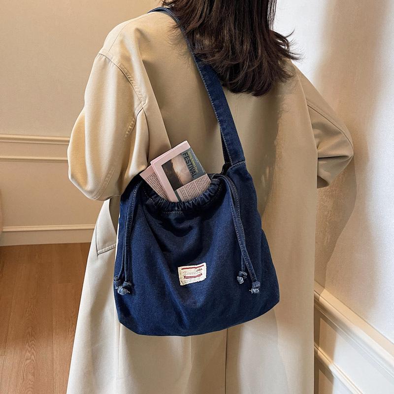 Geantă tip rucsac din denim cu șnur în stil coreean pentru studenți - Capacitate mare, Geantă de umăr casual de primăvară
