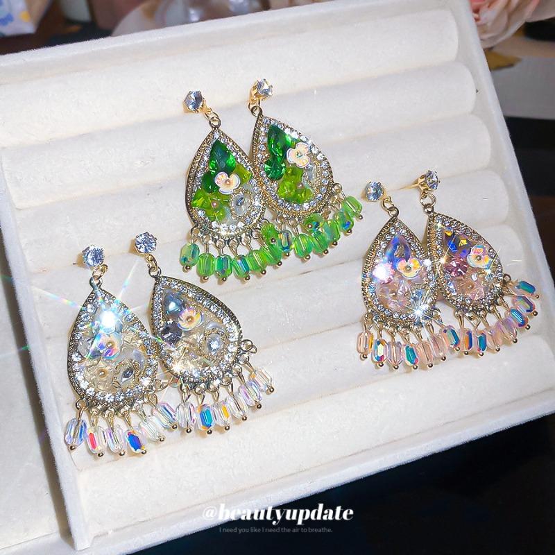 Silver Needle Diamond Crystal Water Drop Flower Pendant Earrings Bohemian Ethnic Style Earrings Light Luxury Premium Earrings